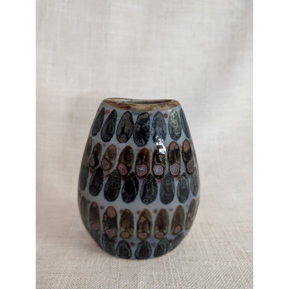 Vintage Multi Color Hand Painted Glazed Ceramic Small Vase Signed Mexico Art